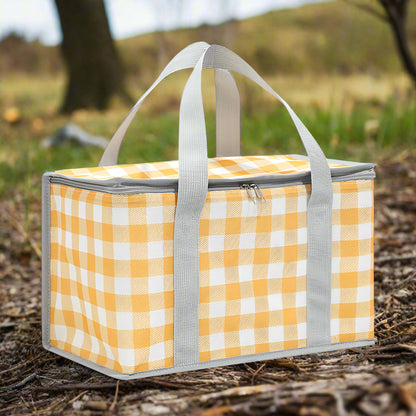 2PCS Yellow Insulated Picnic Lunch Bag with Checkered Design, Thermal Storage for Hot and Cold Items