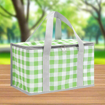 2PCS Green Insulated Picnic Lunch Bag with Checkered Design, Thermal Storage for Hot and Cold Items