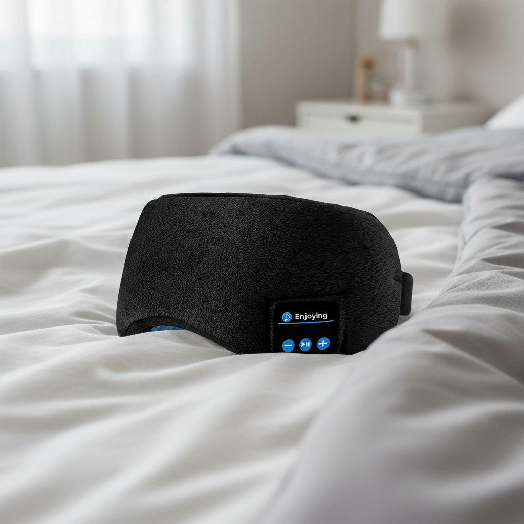Black Bluetooth 5.0 Wireless Sleep Eye Mask - Soft Plush Eye Cover with Built-in Speakers (13 x 16.5 x 6 cm)
