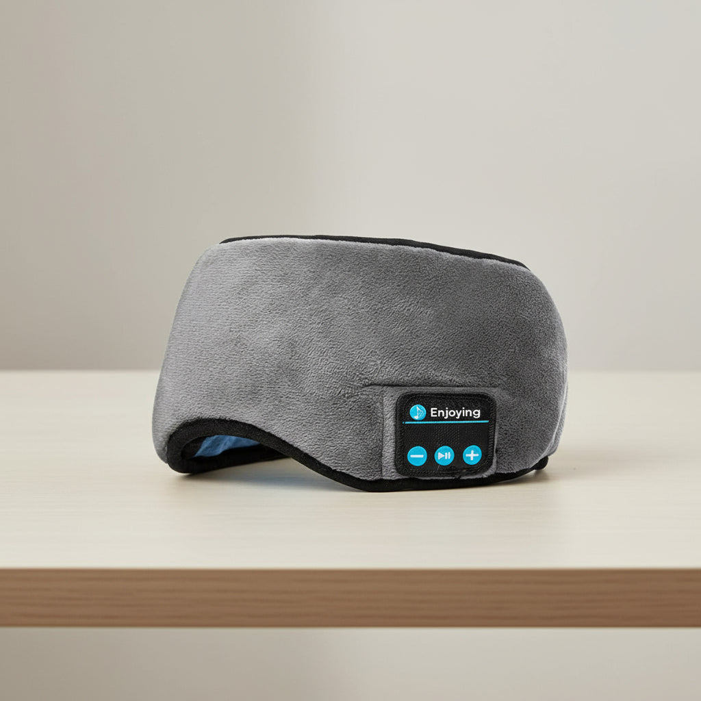 Grey Bluetooth 5.0 Wireless Sleep Eye Mask - Soft Plush Eye Cover with Built-in Speakers (13 x 16.5 x 6 cm)