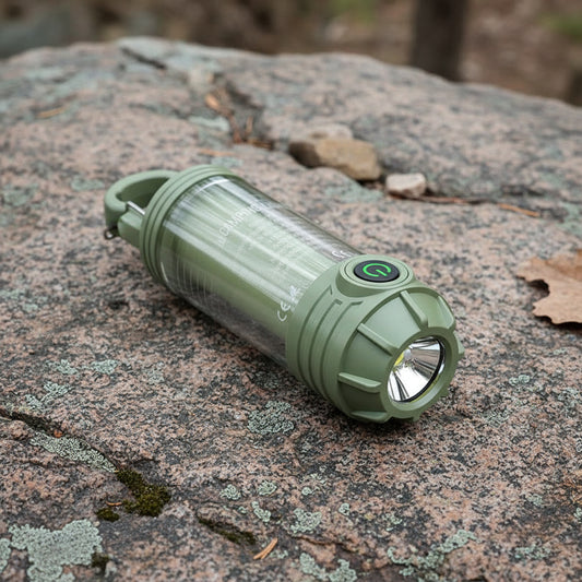 2 PCS Green Portable Outdoor Camping Light with 6 Modes & Keychain Hook - Multi-Source Mini Flashlight, IPX4 Waterproof