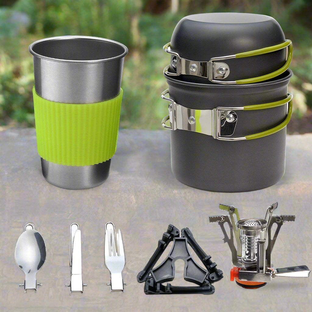 Complete Camping Cookware Set - Portable Pots, Cup, Spork, and Stove for Outdoor Adventures