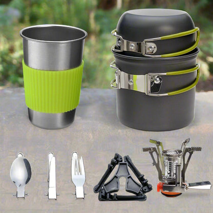 Complete Camping Cookware Set - Portable Pots, Cup, Spork, and Stove for Outdoor Adventures