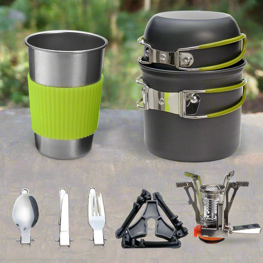 Complete Camping Cookware Set - Portable Pots, Cup, Spork, and Stove for Outdoor Adventures