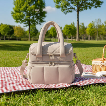 Brown Chic Double Deck Insulated Lunch Bag - Leakproof Cooler Tote for Women