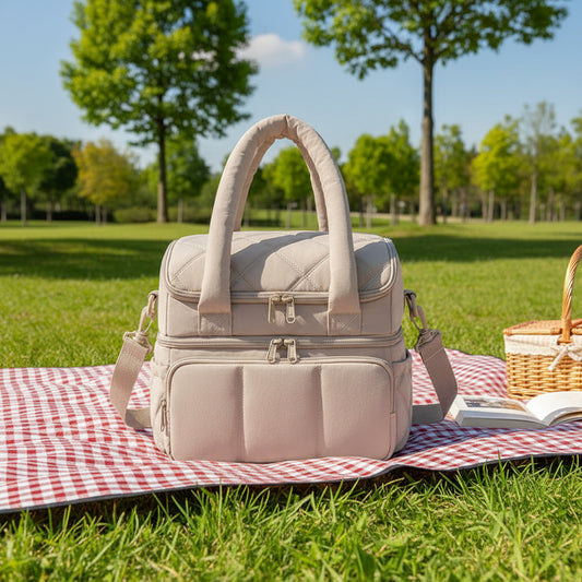Brown Chic Double Deck Insulated Lunch Bag - Leakproof Cooler Tote for Women