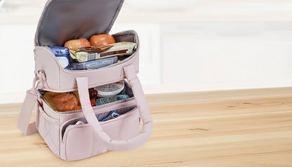 Brown Chic Double Deck Insulated Lunch Bag - Leakproof Cooler Tote for Women