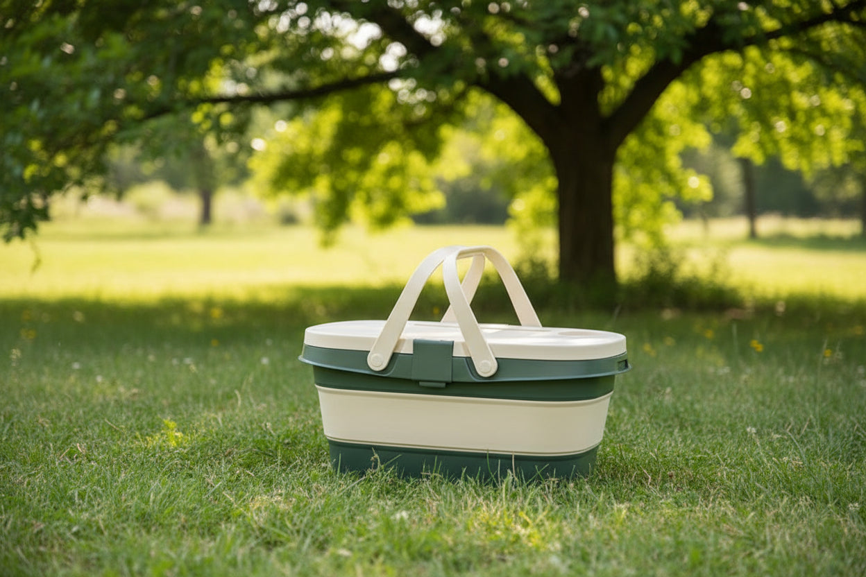 Foldable Picnic Basket with Tray - 16.5L Capacity, White Green, Perfect for Camping and Outdoor Gatherings