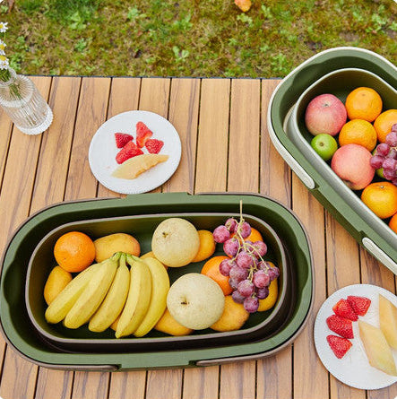 Foldable Picnic Basket with Tray - 16.5L Capacity, White Green, Perfect for Camping and Outdoor Gatherings