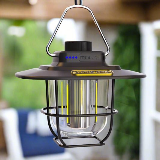 Black Vintage LED Camping Lantern - Rechargeable, Stepless Dimming, Power Bank