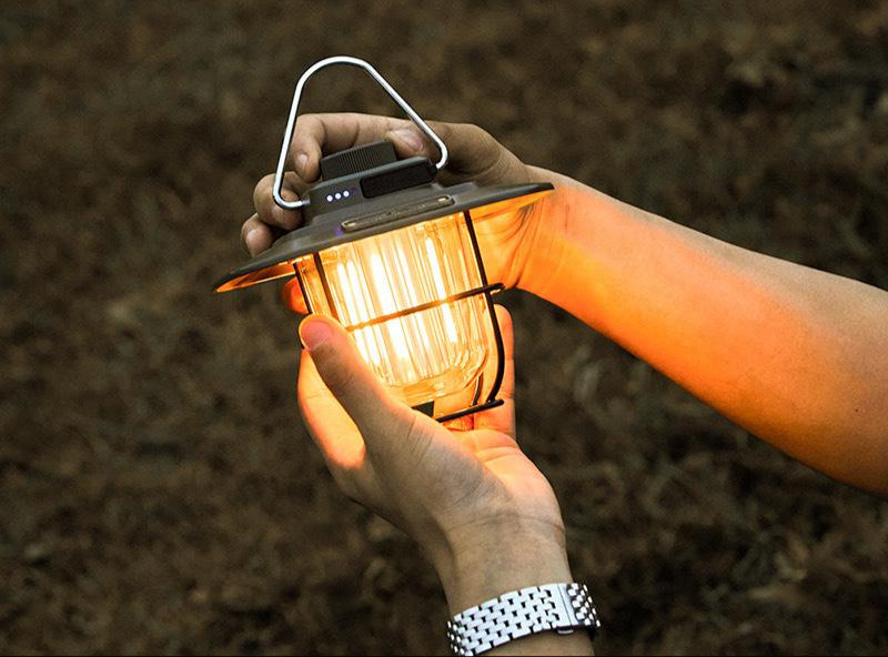 Black Vintage LED Camping Lantern - Rechargeable, Stepless Dimming, Power Bank