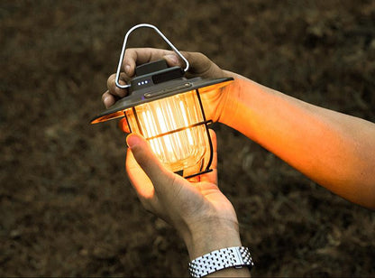 Black Vintage LED Camping Lantern - Rechargeable, Stepless Dimming, Power Bank