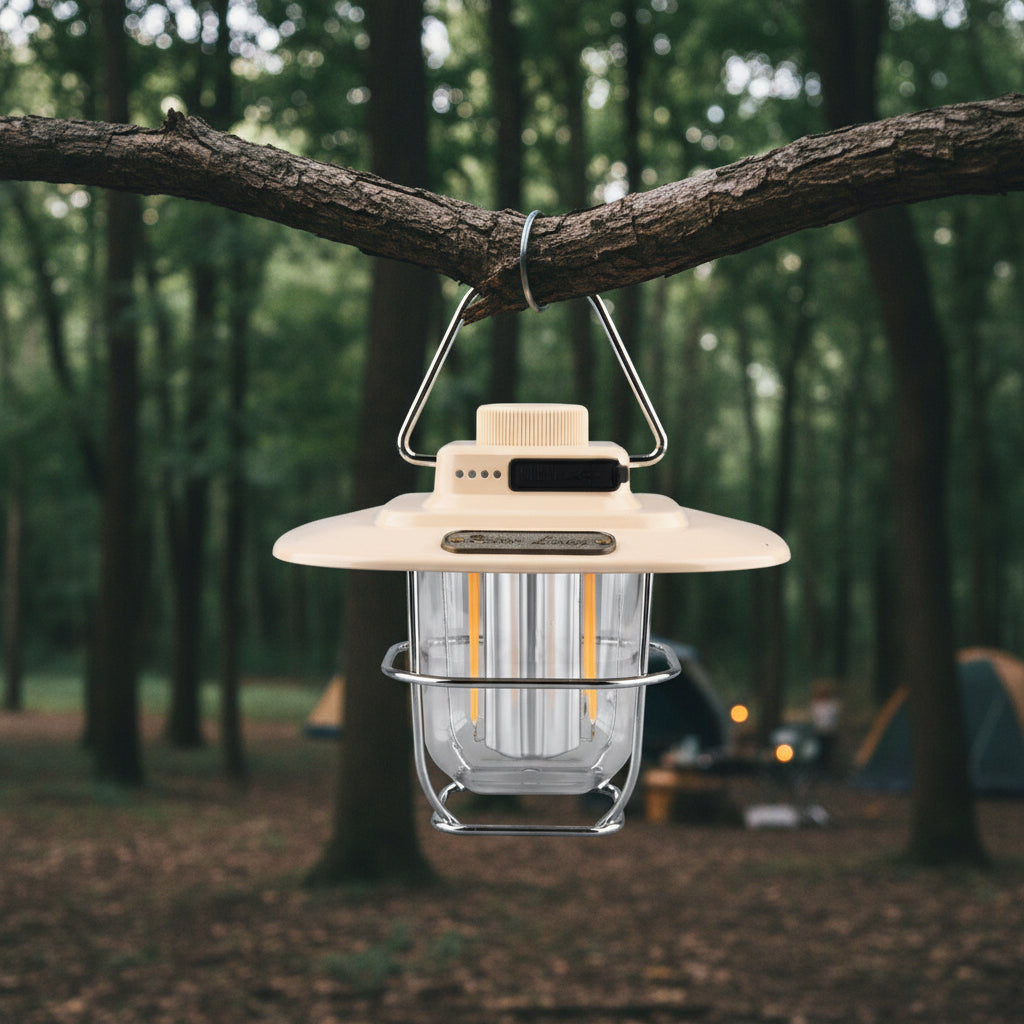 Beige Vintage LED Camping Lantern - Rechargeable, Stepless Dimming, Power Bank