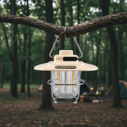Beige Vintage LED Camping Lantern - Rechargeable, Stepless Dimming, Power Bank
