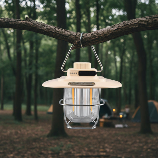 Beige Vintage LED Camping Lantern - Rechargeable, Stepless Dimming, Power Bank