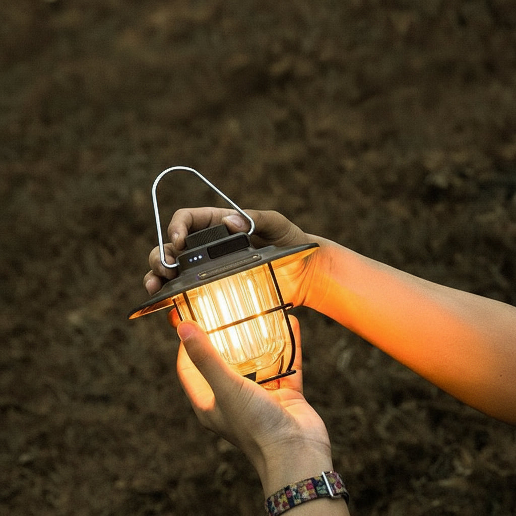 Beige Vintage LED Camping Lantern - Rechargeable, Stepless Dimming, Power Bank