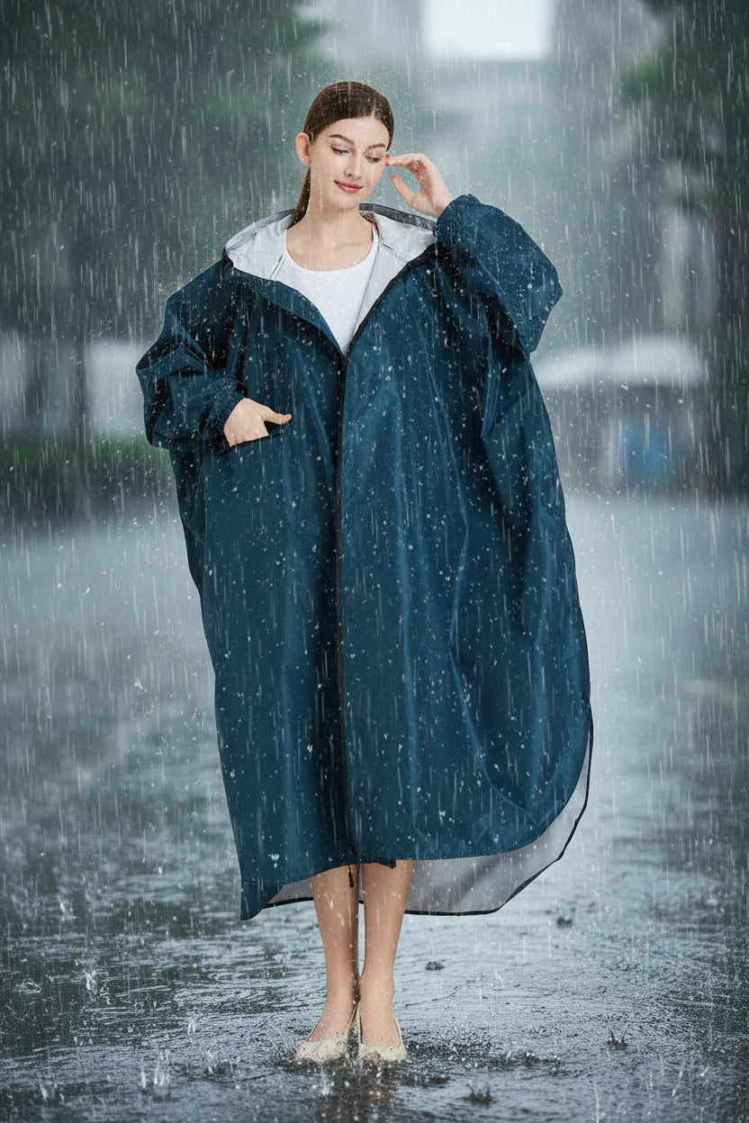 Sea blue Stylish Waterproof Raincoat Poncho - Long, Packable for Outdoor Travel & Hiking