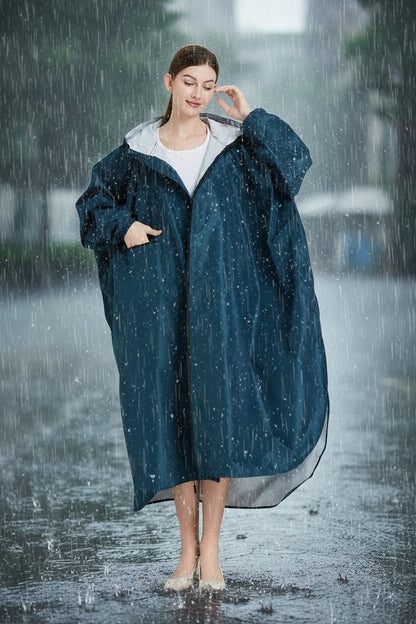 Sea blue Stylish Waterproof Raincoat Poncho - Long, Packable for Outdoor Travel & Hiking