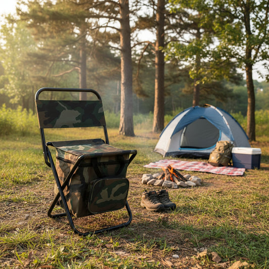 Foldable Camping Chair with Integrated 10L Insulated Cooler Bag - Camouflage color
