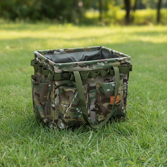Green Camouflage Heavy Duty Foldable Outdoor Camping Storage Box - Oxford Cloth Collapsible Gear Organizer Tote with Pockets