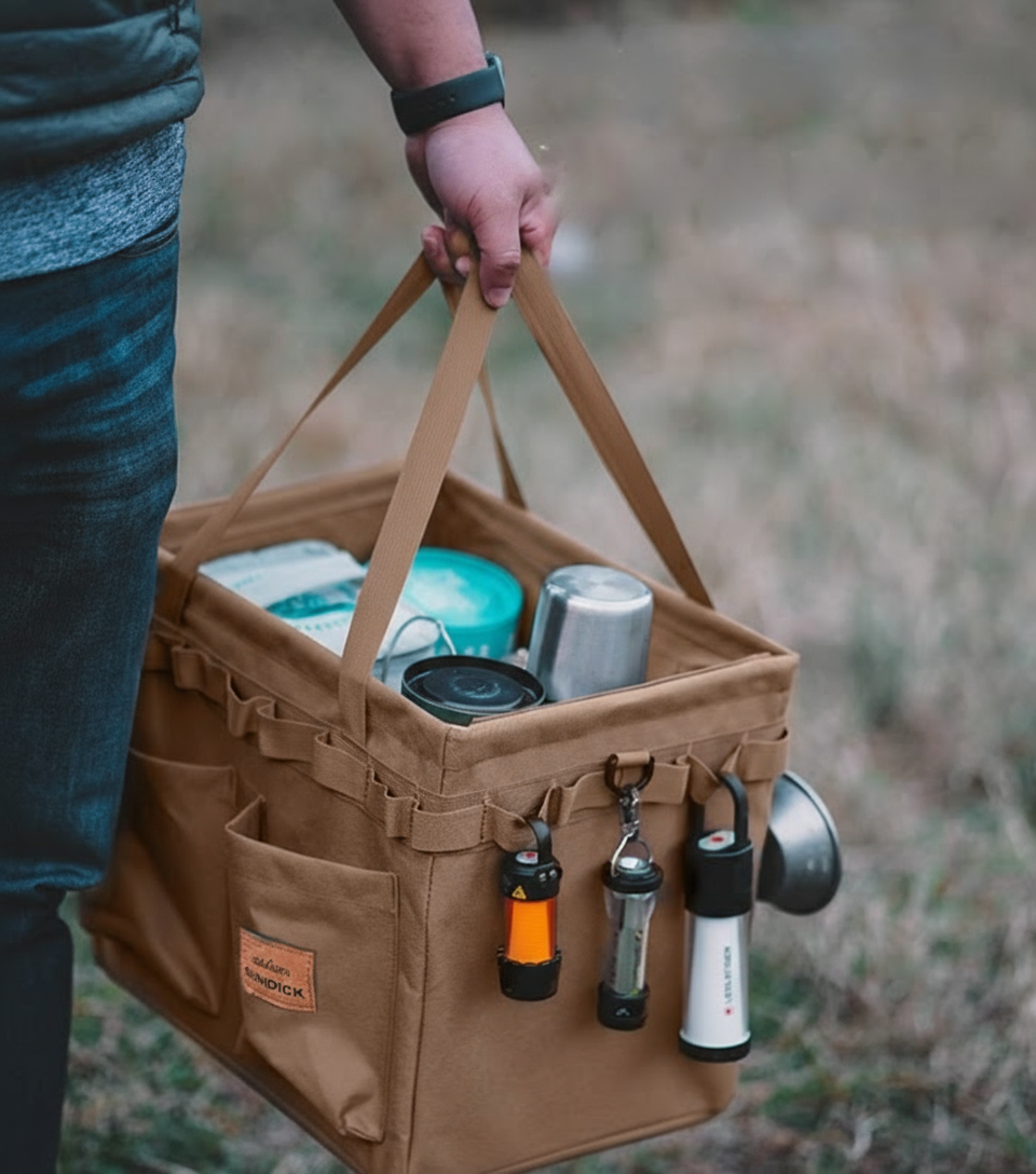 Green Camouflage Heavy Duty Foldable Outdoor Camping Storage Box - Oxford Cloth Collapsible Gear Organizer Tote with Pockets