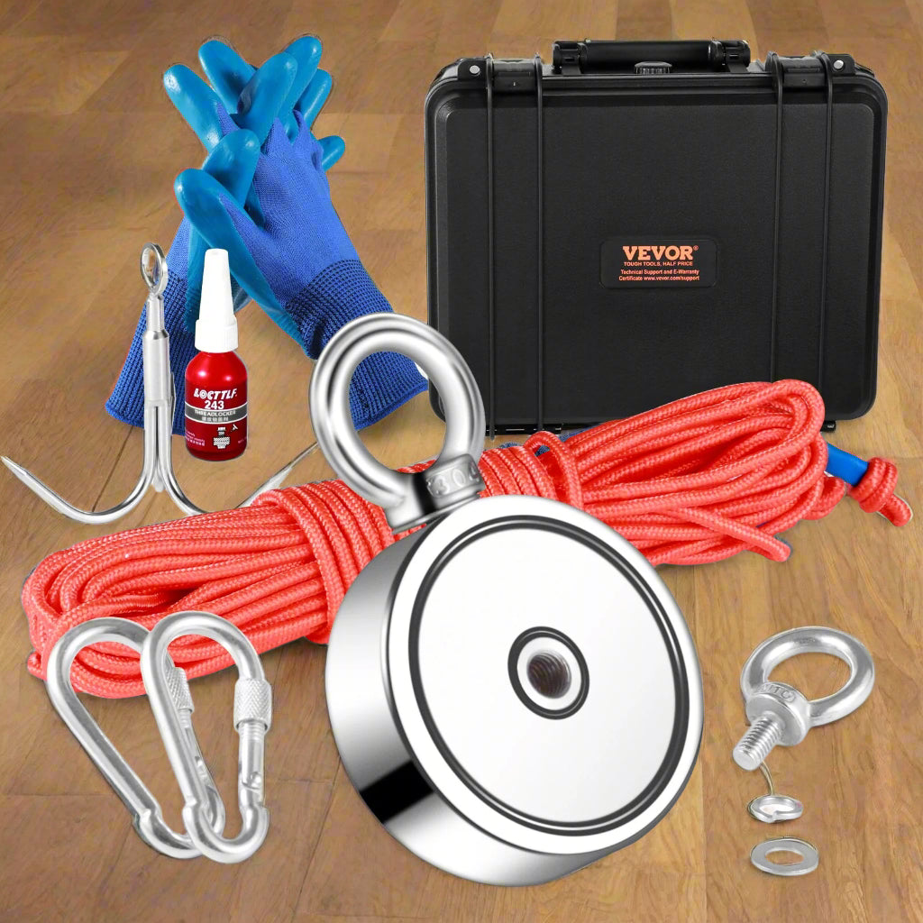 VEVOR Magnet Fishing Kit, 1200lbs Pulling Force Double Sided Fishing Magnets, 2.95inch Diameter Magnet with Rope, Grappling Hook, Gloves, Waterproof Case, Threadlocker, Eye Bolt, for Fishing