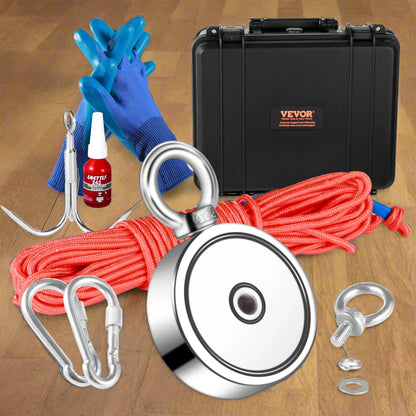 VEVOR Magnet Fishing Kit, 1200lbs Pulling Force Double Sided Fishing Magnets, 2.95inch Diameter Magnet with Rope, Grappling Hook, Gloves, Waterproof Case, Threadlocker, Eye Bolt, for Fishing