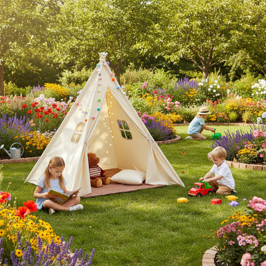 VEVOR Kids Play Tent, Teepee Tent for Kids 1-5 Years Old, Toddler Tent with Mat and Plush Decorative Balls, Tent for Kids with Windows for Indoor and Outdoor, for Boys and Girls, Beige