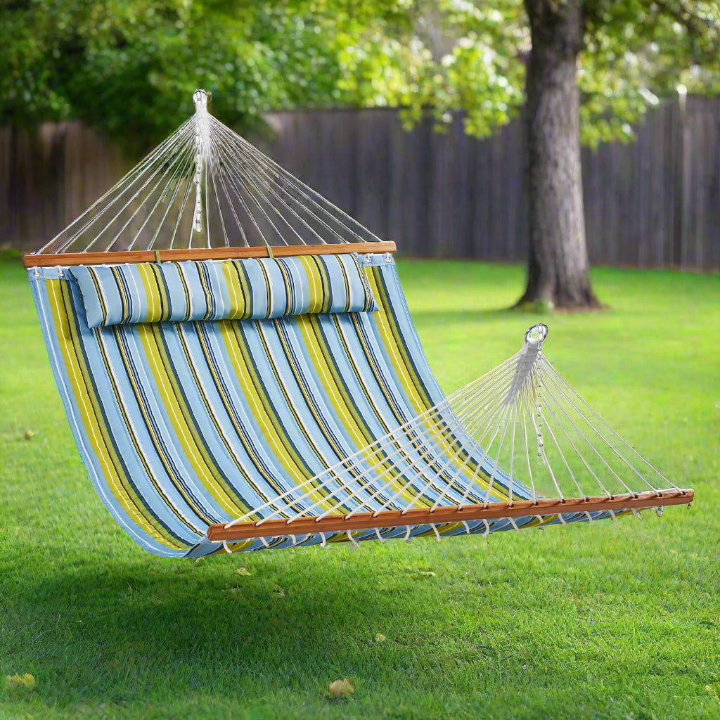 VEVOR Double Quilted Fabric Hammock, 12 FT Double Hammock with Hardwood Spreader Bars, 2 Person Quilted Hammock with Detachable Pillow and Chains for Camping Outdoor Patio Yard Beach, 480 lbs Capacity