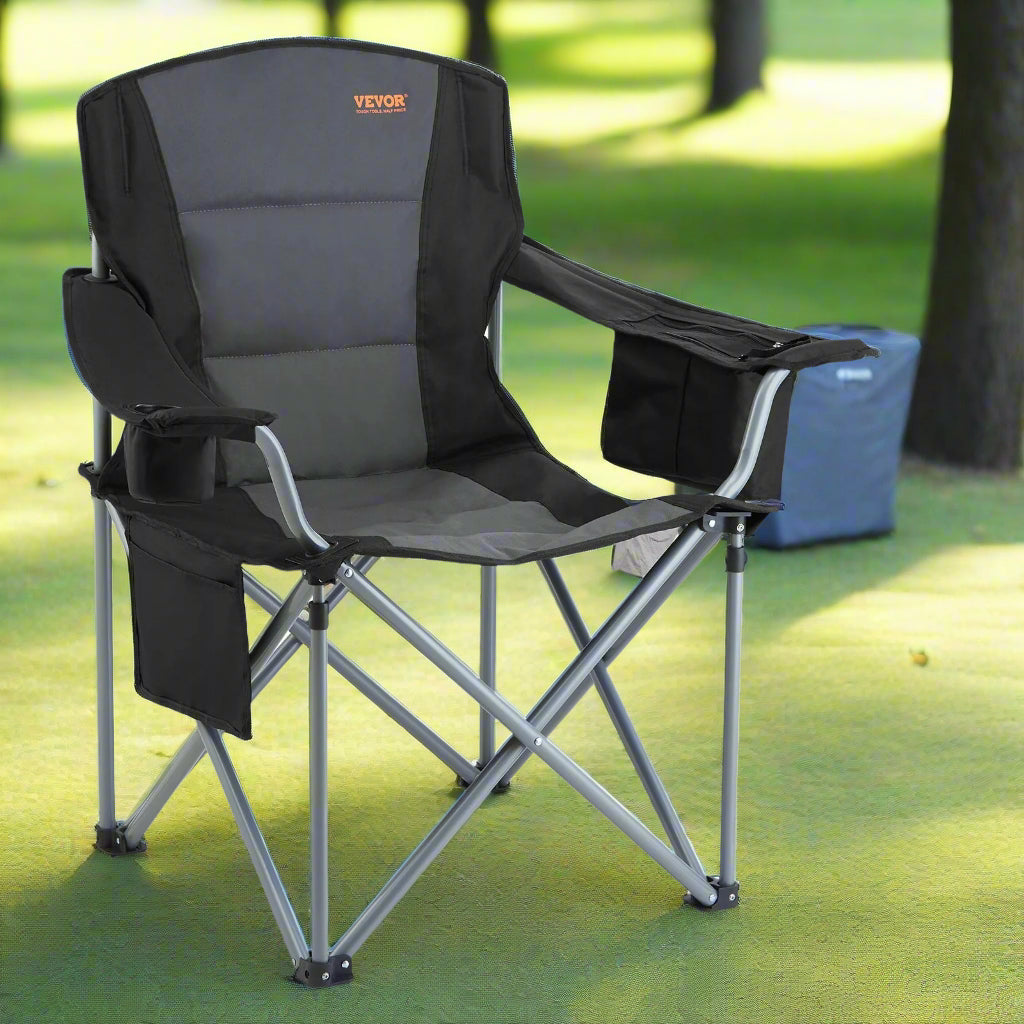 VEVOR Camping Folding Chair for Adults, Portable Heavy Duty Outdoor Quad Lumbar Back Padded Arm Chairs with Side Pockets, Cup Holder and Cooler Bag for Beach, Lawn, Picnic, Fishing, Backpacking, Black