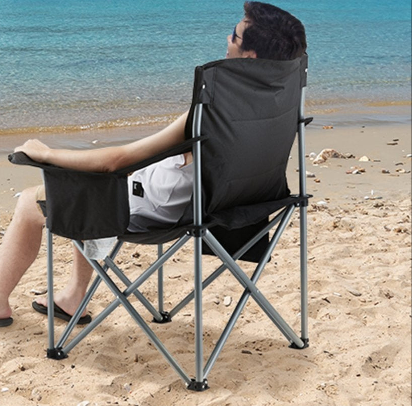 VEVOR Camping Folding Chair for Adults, Portable Heavy Duty Outdoor Quad Lumbar Back Padded Arm Chairs with Side Pockets, Cup Holder and Cooler Bag for Beach, Lawn, Picnic, Fishing, Backpacking, Black