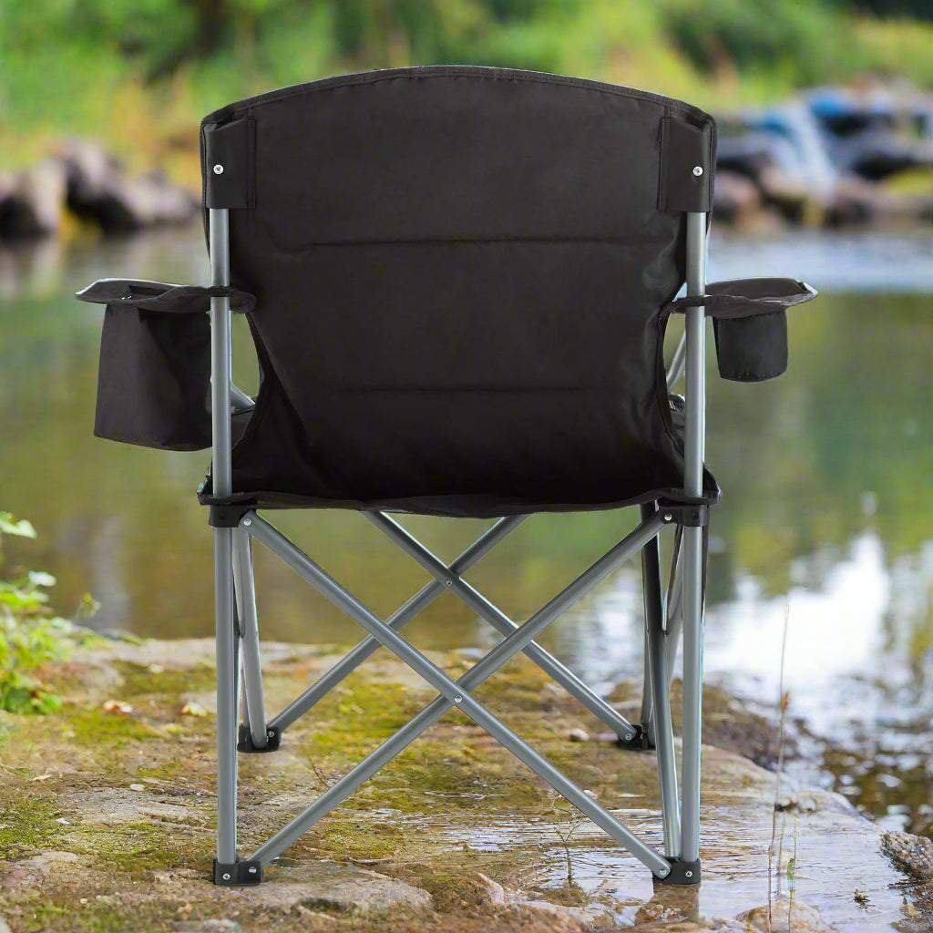 VEVOR Camping Folding Chair for Adults, Portable Heavy Duty Outdoor Quad Lumbar Back Padded Arm Chairs with Side Pockets, Cup Holder and Cooler Bag for Beach, Lawn, Picnic, Fishing, Backpacking, Black