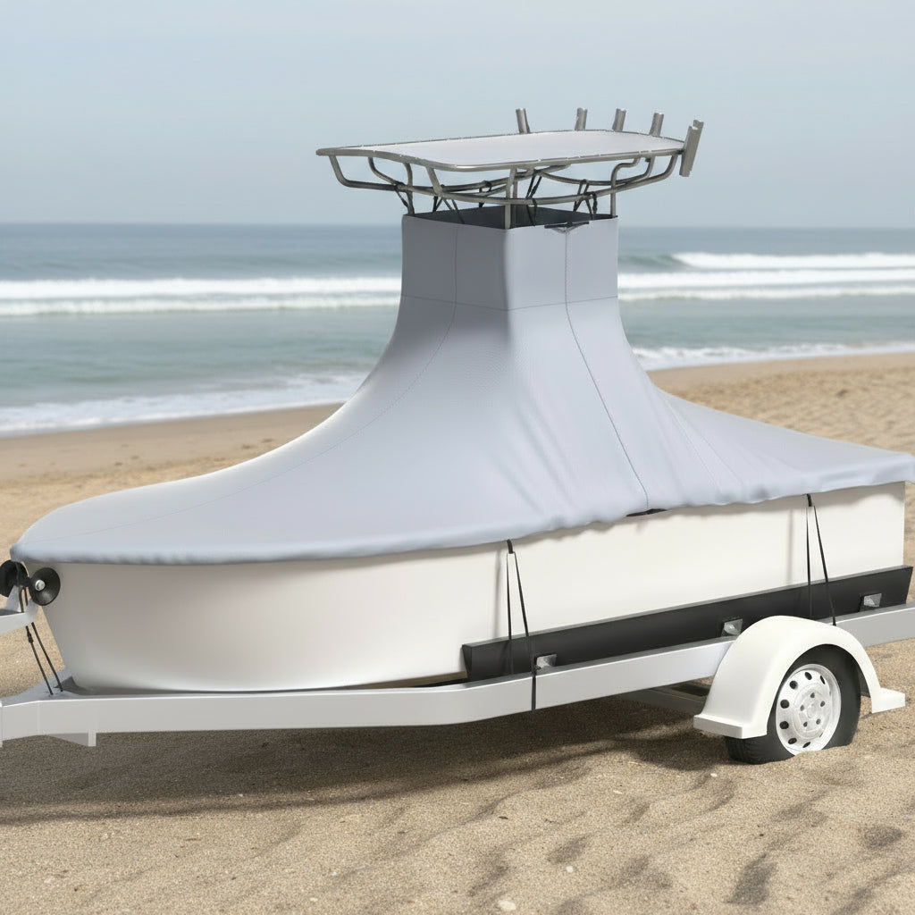VEVOR T-Top Boat Cover, Fit for 22\'-24\' Boat, Heavy Duty 600D Marine Grade Oxford Hard Top Cover, UV Resistant Waterproof Center Console Boat Cover with 2 Support Poles and 7 Wind-Proof Straps, Gray